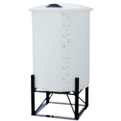Picture of 250 US Gallons Close Top Cone Bottom Tank, 2.0 sg, White. Steel Stand Included