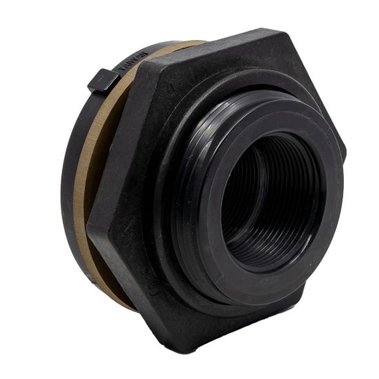 Picture of 1-1/2" Fem NPT Thread Bulkhead Fitting.<br />Polypropylene with Viton Gasket