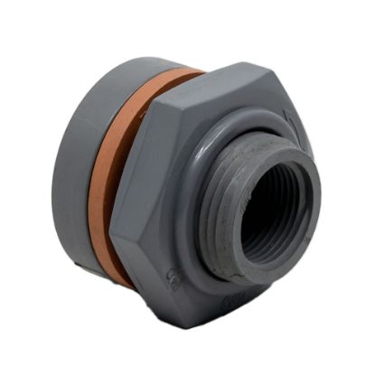 Picture of 3/4" Fem NPT Thread Bulkhead Fitting. PVC with Viton Gasket