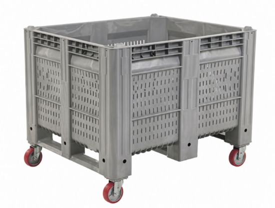 Picture of Vented Straight Walls Plastic Pallet Box Bin on Corner Casters  40" x 48" x 38" Gray